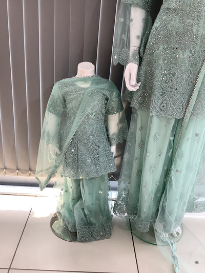 ASHA | Embroidered Hand Work Dress Mother & Daughter Ready To Wear Mint Green | AS70