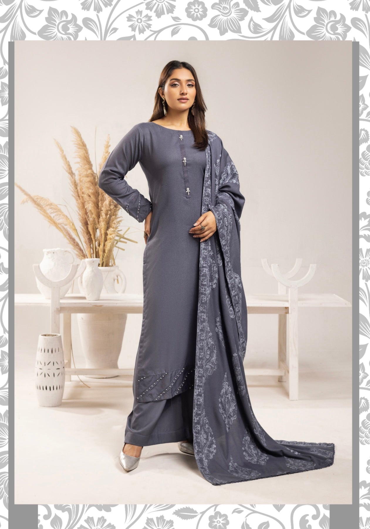 SIMRANS ‘Azure’ | Embroidered Dhanak Readymade | SM735 (Grey)