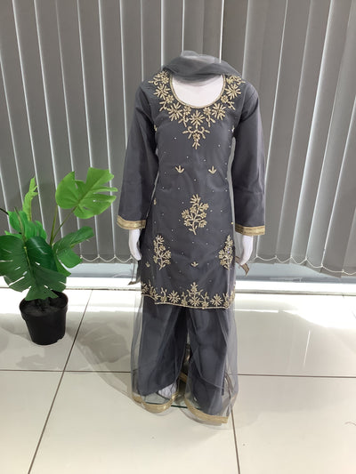 ASHA | Embroidered Hand Work Kids Ready To Wear Grey| AS61