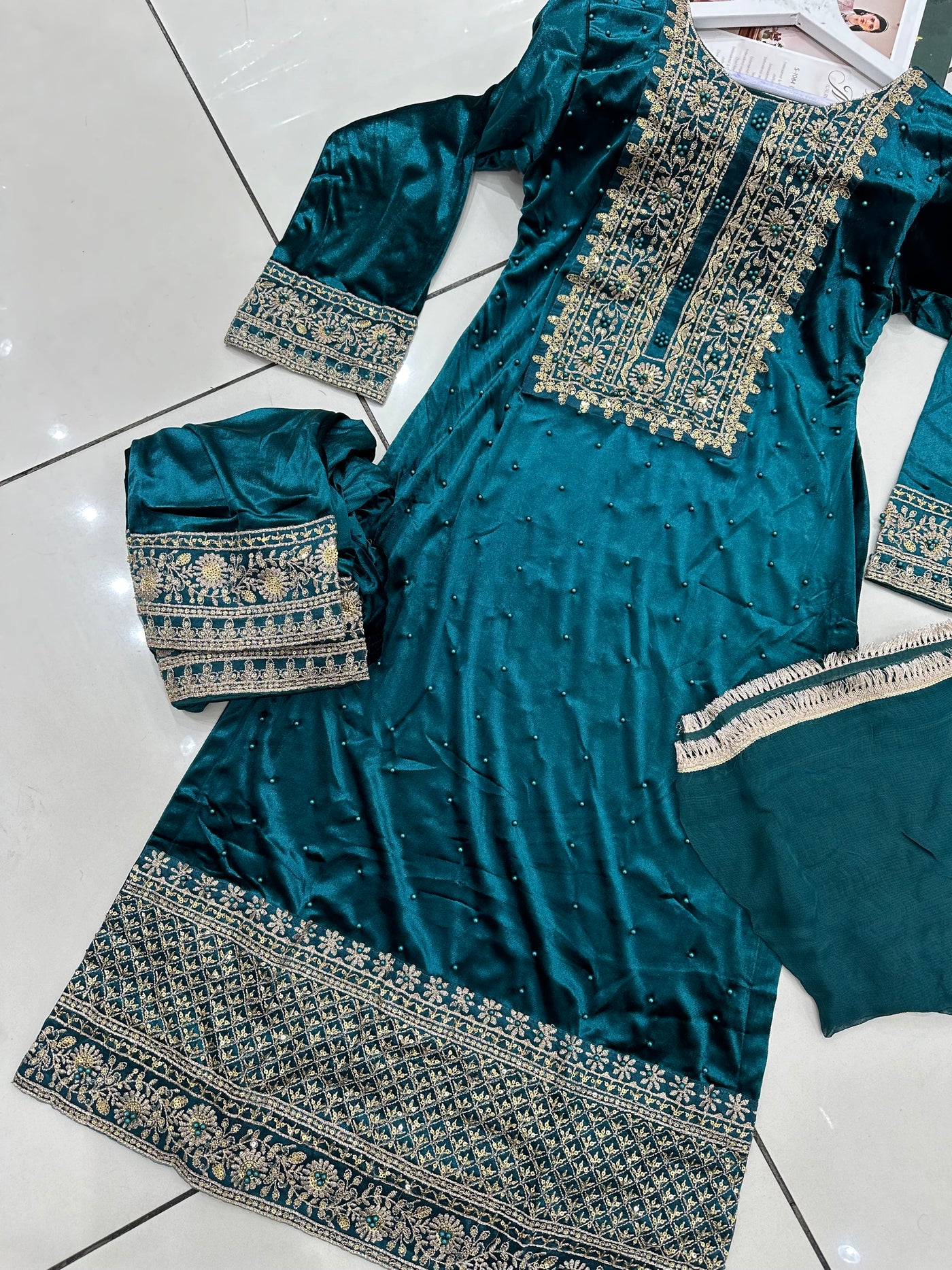 Teal Embroidered Korean Velvet  Readymade | RGZ007 Womenswear Dress