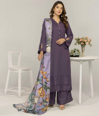 SIMRANS ‘Suffuse’ | Embroidered Twill Linen Shawl Readymade | SM705 (Purple)