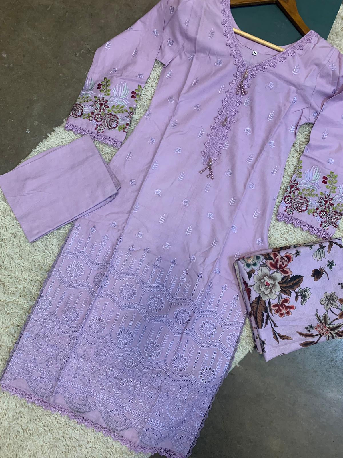 S Creations ‘Inaya’ | Embroidered Dhanak Readymade | SC132 (Lilac)