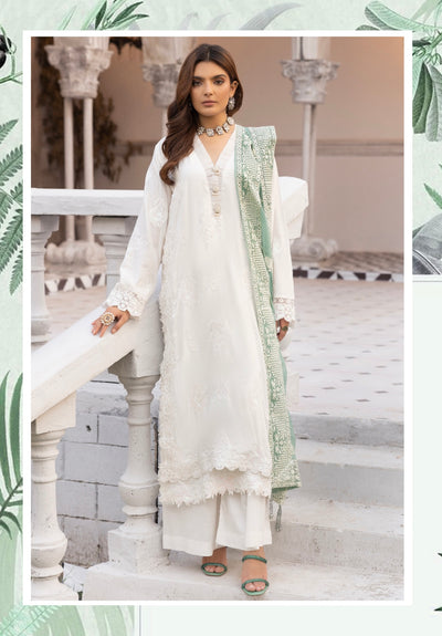 SIMRANS ‘Azure’ | Embroidered Sequence Linen Readymade | SM759 (White)