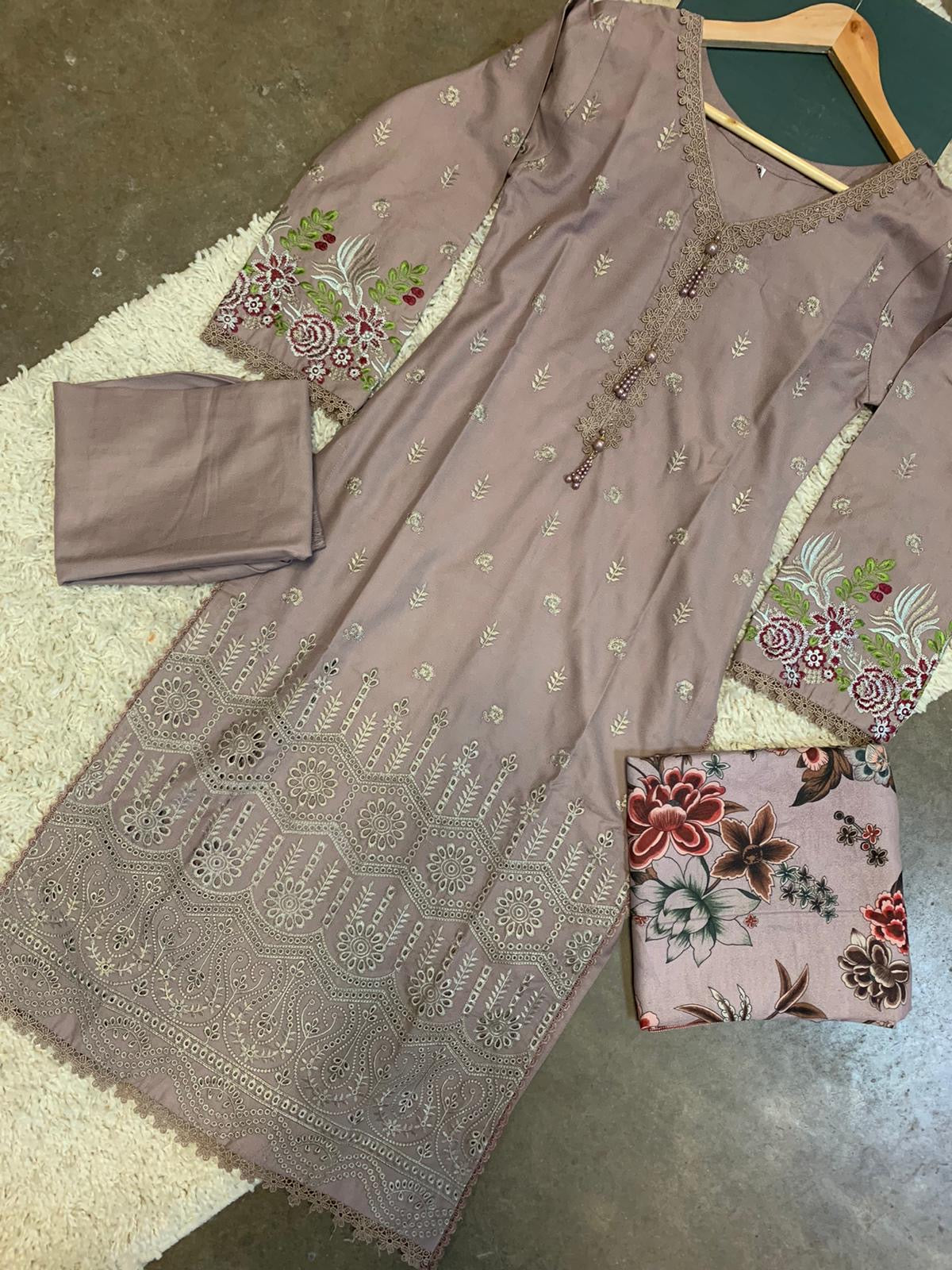 S Creations ‘Inaya’ | Embroidered Dhanak Readymade | SC132 (Brown)