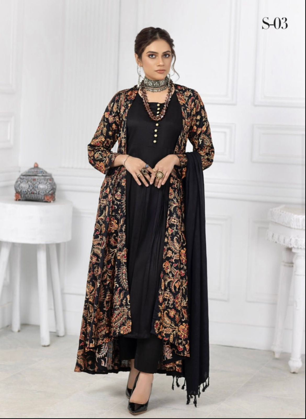 SOFIA KHAS | Embroidered Linen Jacket Readymade | JS162 (Black)