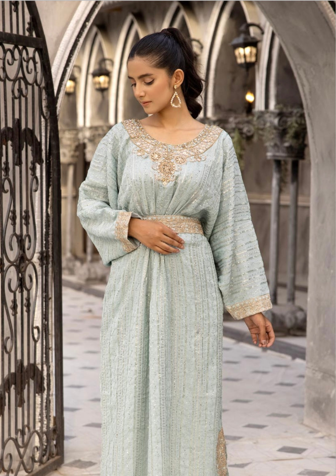 SIMRANS ‘Jeem’ | Embroidered Chiffon Modest  Readymade | SM601 (Mint Green)