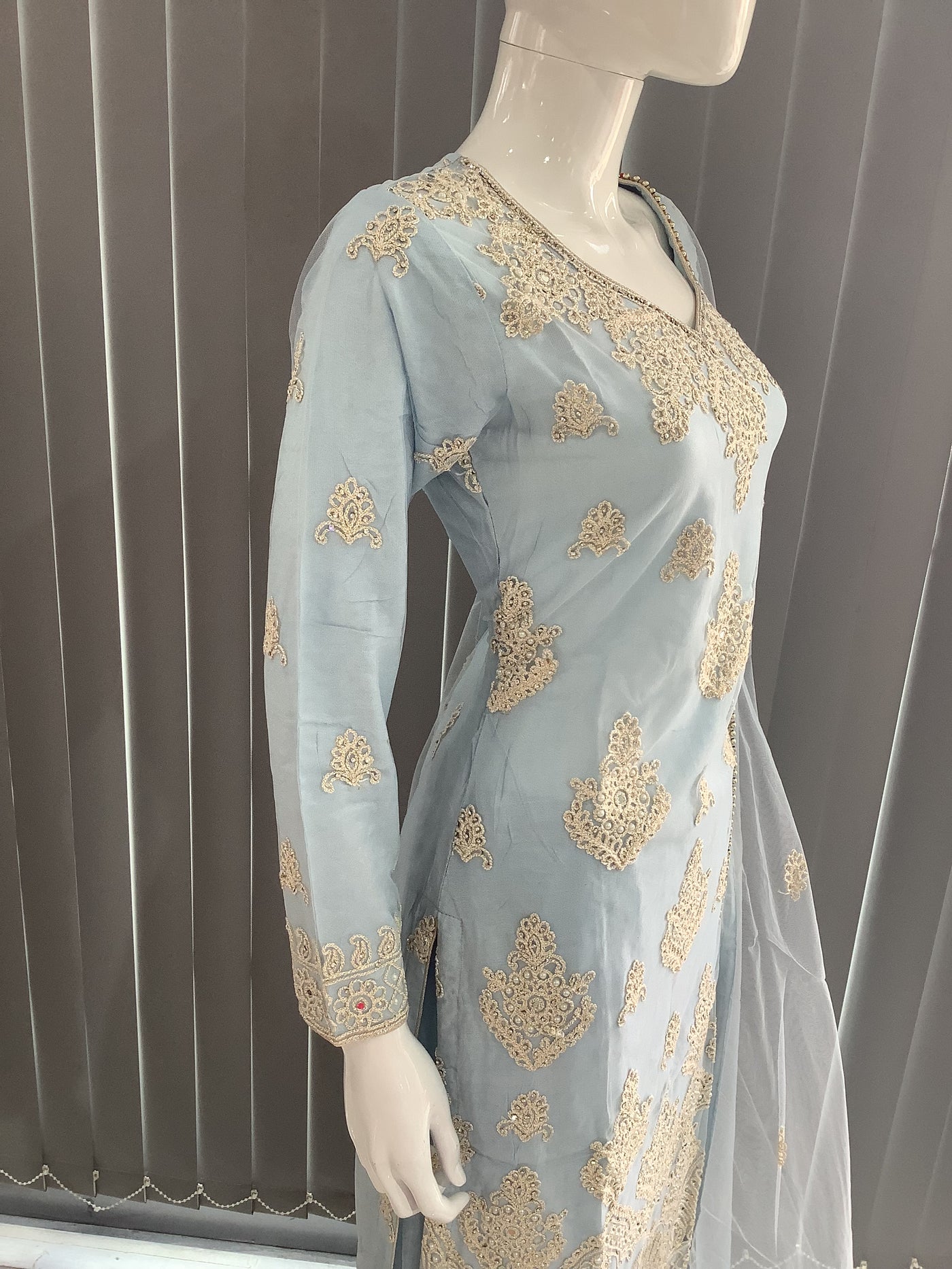 ASHA | Embroidered Net Dori Work Mother & Daughter Dress Ready To Wear Light Blue| AS67