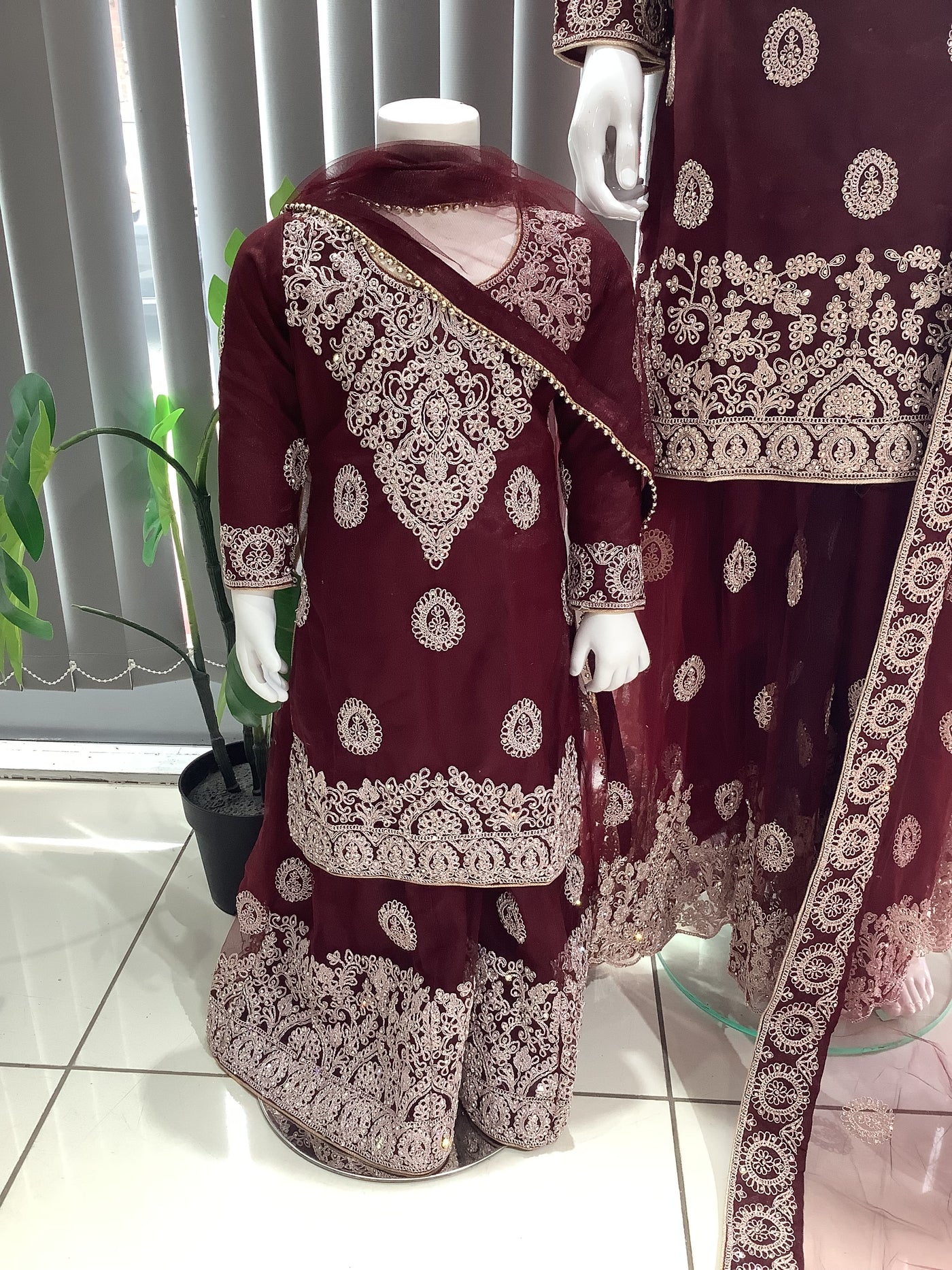 ASHA | Embroidered Net Dori Work Mother & Daughter Dress Ready To Wear Burgundy| AS66