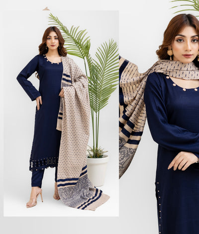 Navy Embroidered Dhanak Wool Shawl Readymade | RGZ013