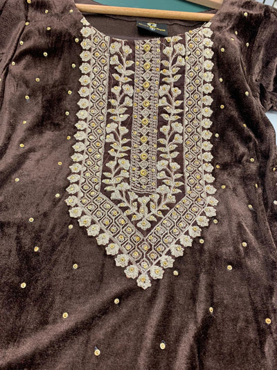 S Creations ‘Urwa’ | Embroidered Velvet Readymade | SC138 (Brown)