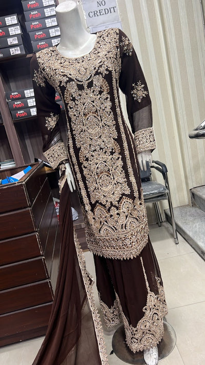 ShaZaib | Embroidered Chiffon Shararah Mother & Daughter Readymade | SZ197 (Brown)