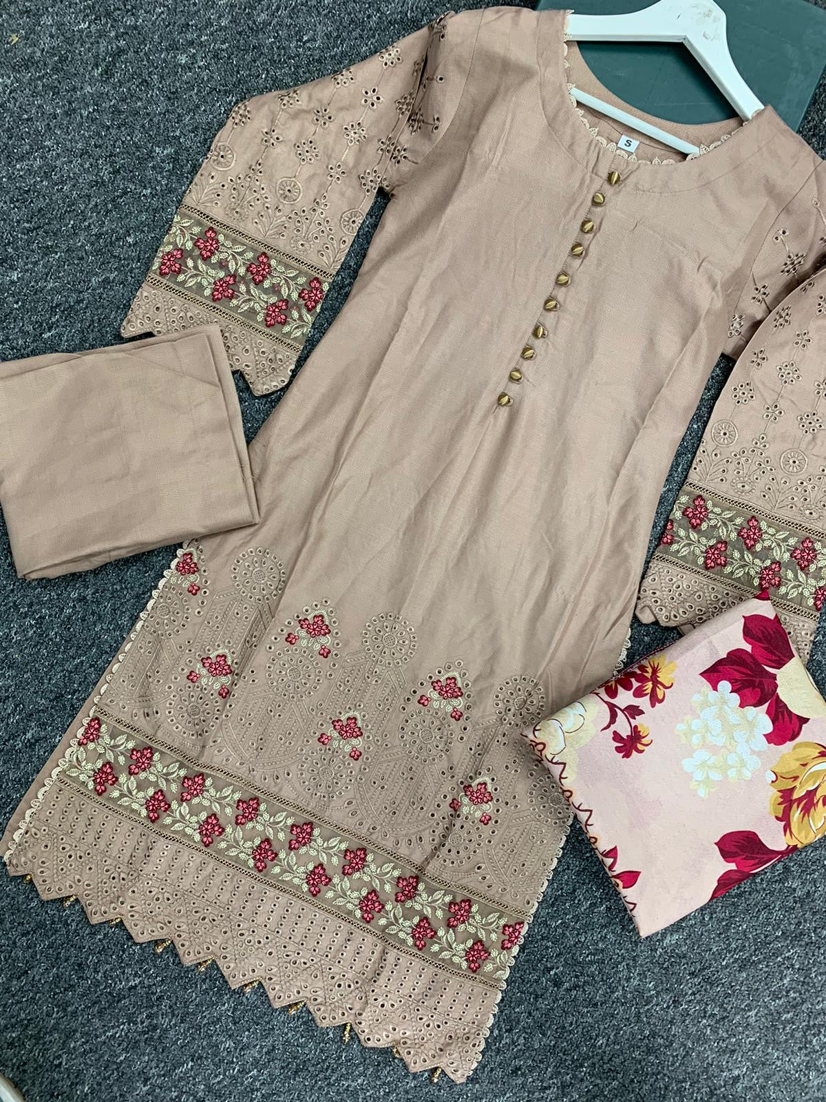 S Creations ‘Kaia’ | Embroidered Dhanak Readymade | SC152 (Light Brown)