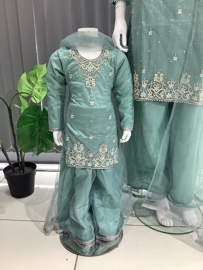 ASHA | Embroidered Hand Work Mother & Daughter Ready To Wear Teal | AS60