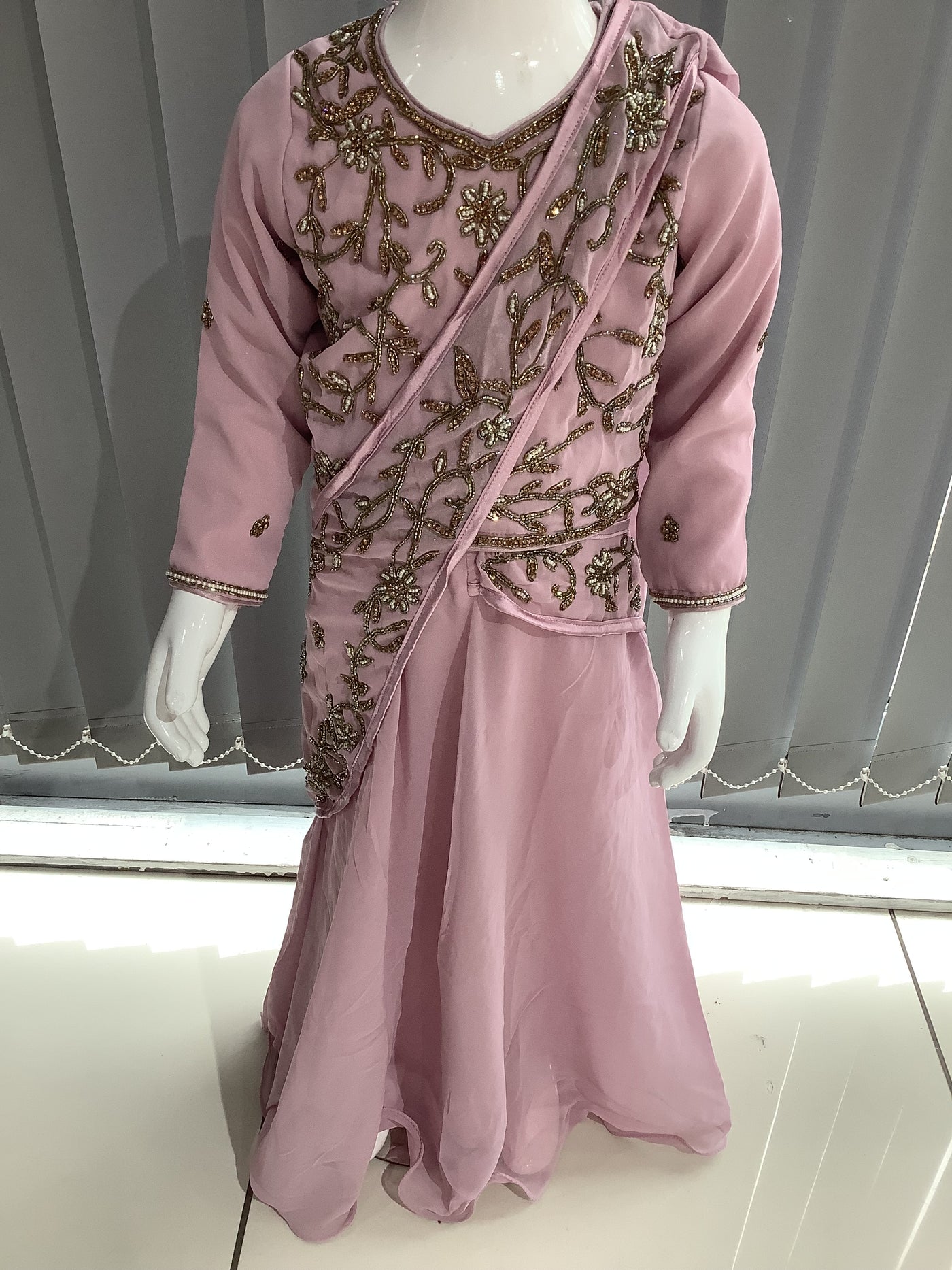 ASHA | Embroidered Chiffon Saree Kids Readymade Pink | AS64