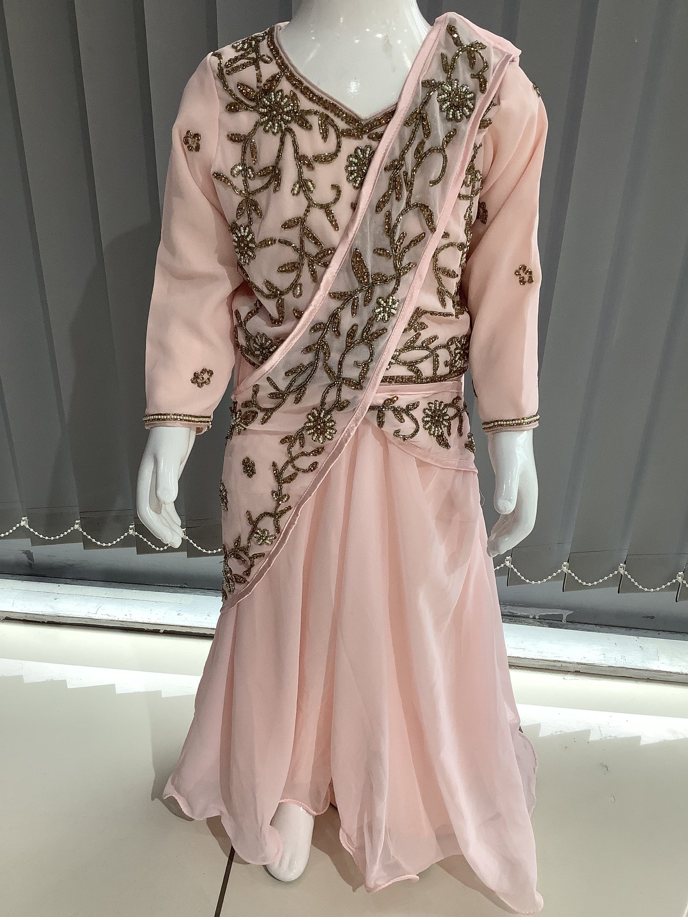 ASHA | Embroidered Chiffon Saree Kids Readymade Peach | AS64