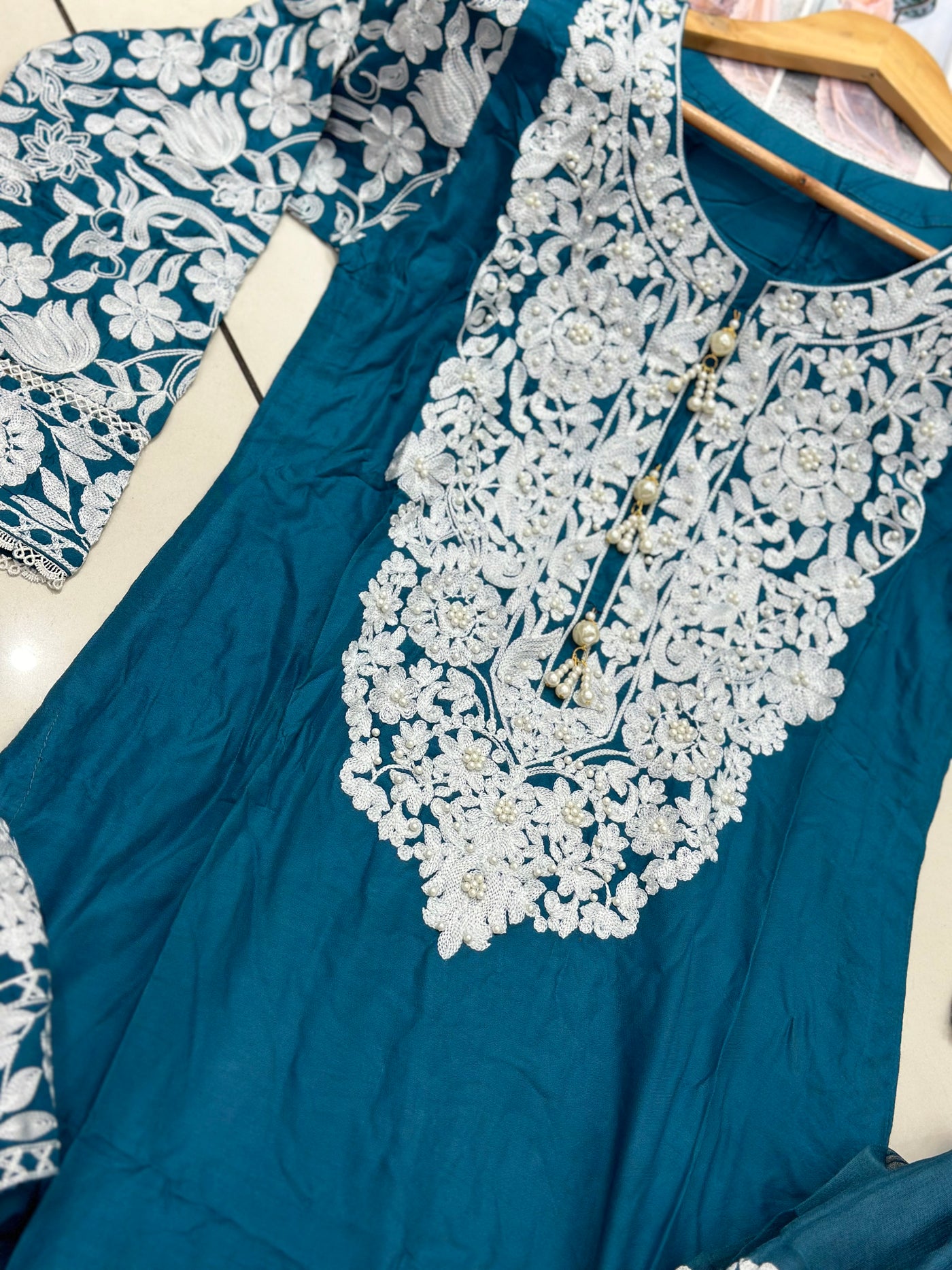 S Creations ‘Hiba’ | Embroidered Linen Readymade | SC108 (Teal)