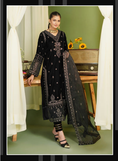 SIMRANS ‘Makhmali’ | Embroidered Velvet Fancy Dupatta Readymade | SM715 (Black)