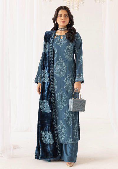 SIMRANS ‘Fushiya’ | Embroidered Dhanak Velvet Shawl Readymade | SM745 (Teal)