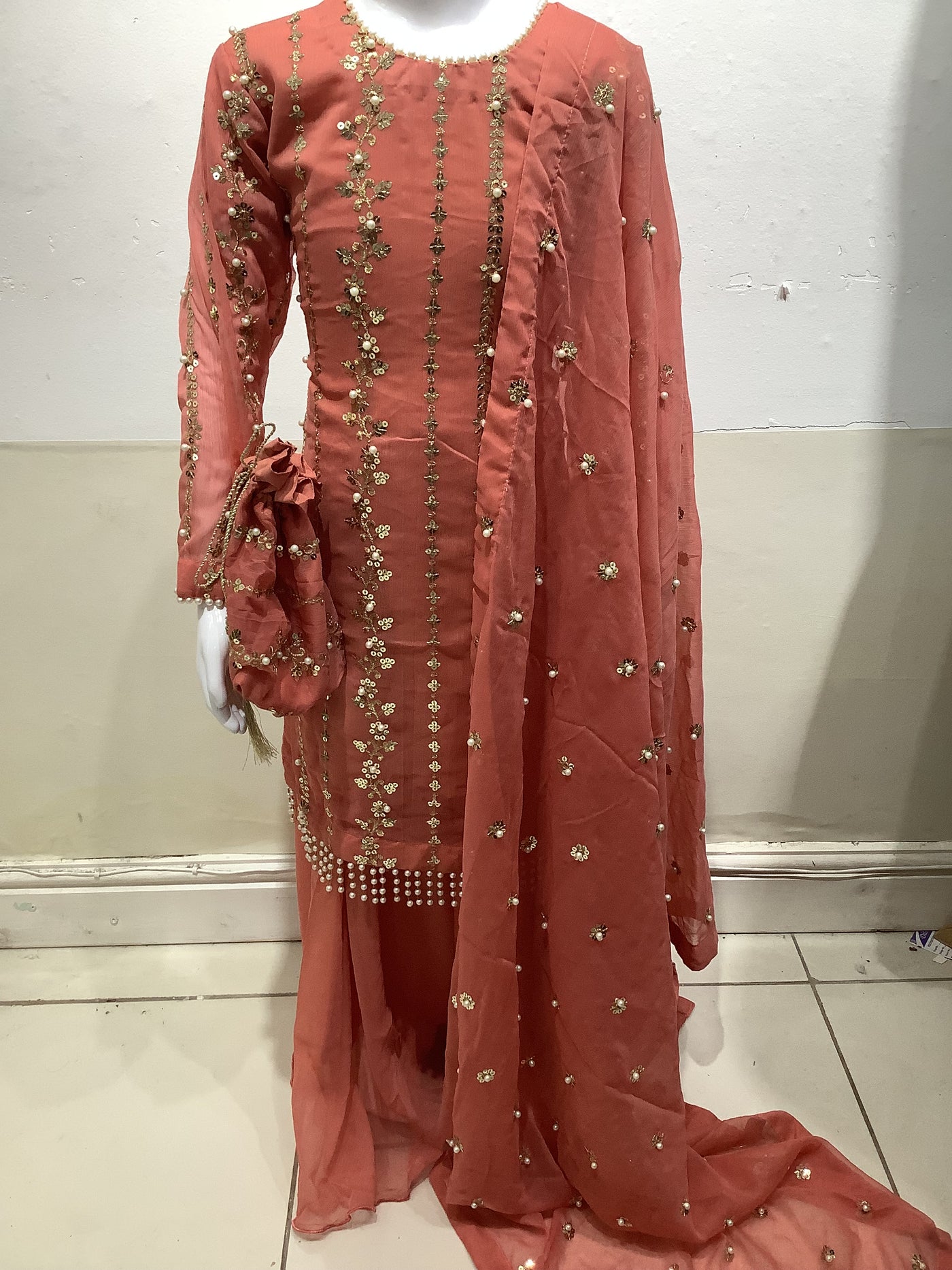 S Creations | Embroidered Chiffon Mother & Daughter Readymade | SC084 (Salmon Pink)