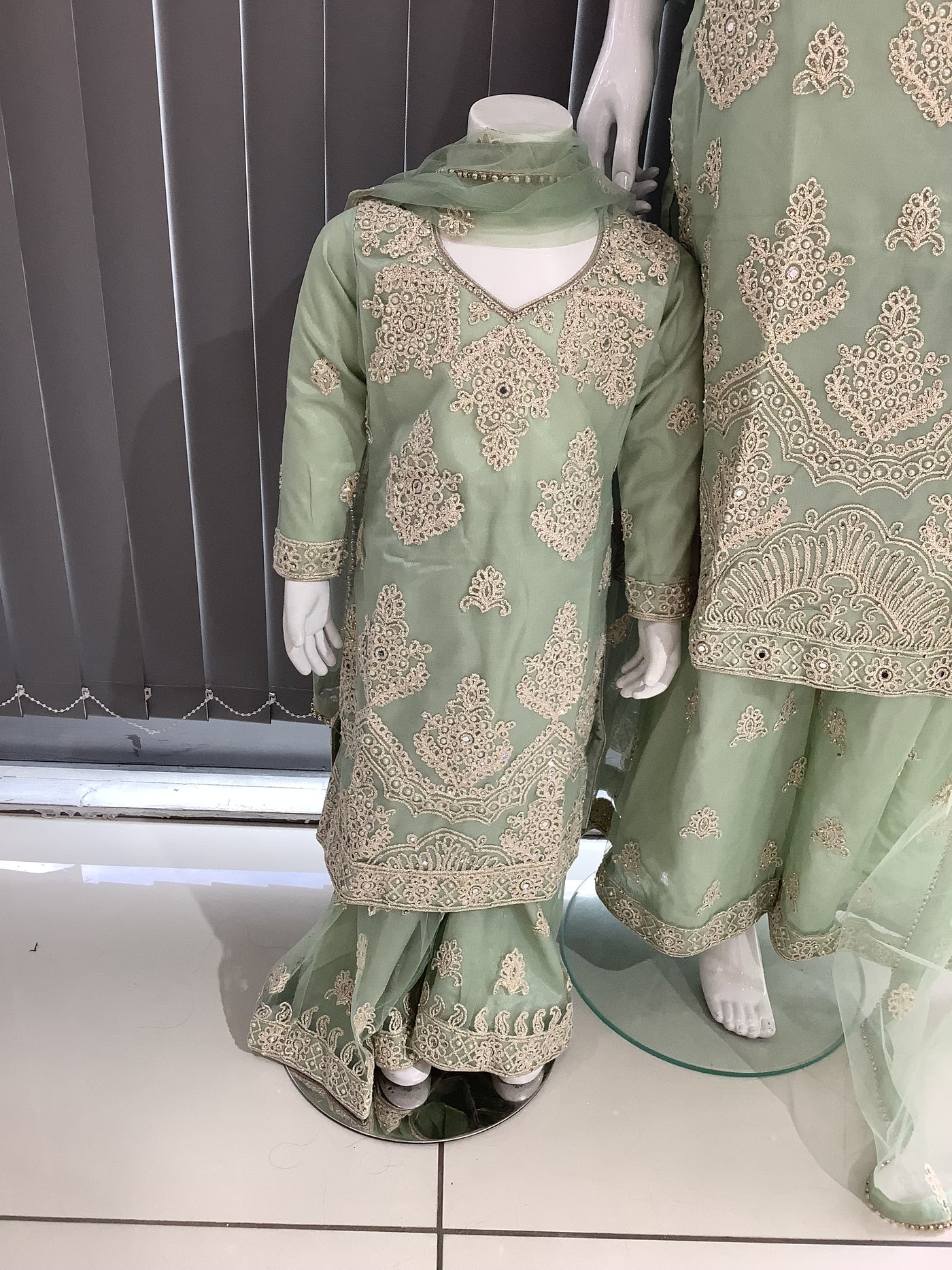 ASHA | Embroidered Net Dori Work Mother & Daughter Dress Ready To Wear Light Green| AS67