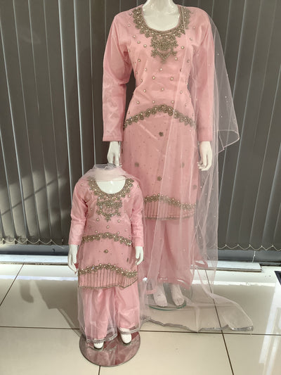 ASHA | Embroidered Hand Work Mother & Daughter Ready To Wear Light Pink | AS69