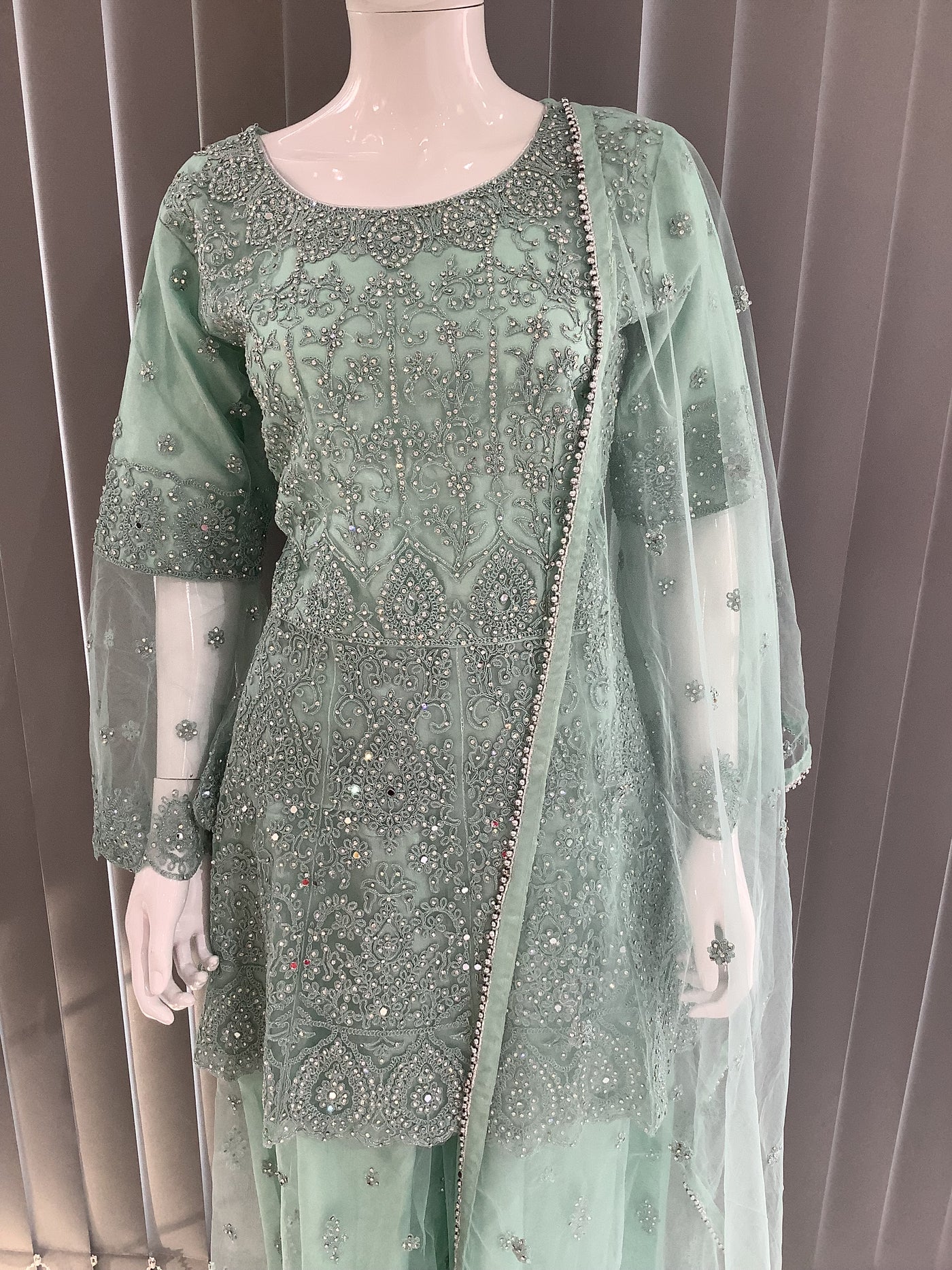 ASHA | Embroidered Hand Work Dress Mother & Daughter Ready To Wear Mint Green | AS70