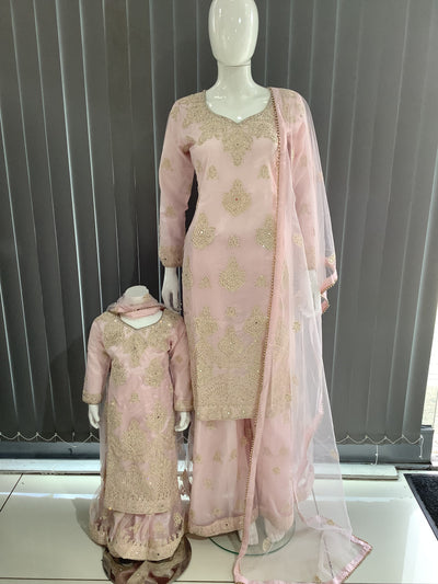 ASHA | Embroidered Net Dori Work Mother & Daughter Dress Ready To Wear Light Pink| AS67