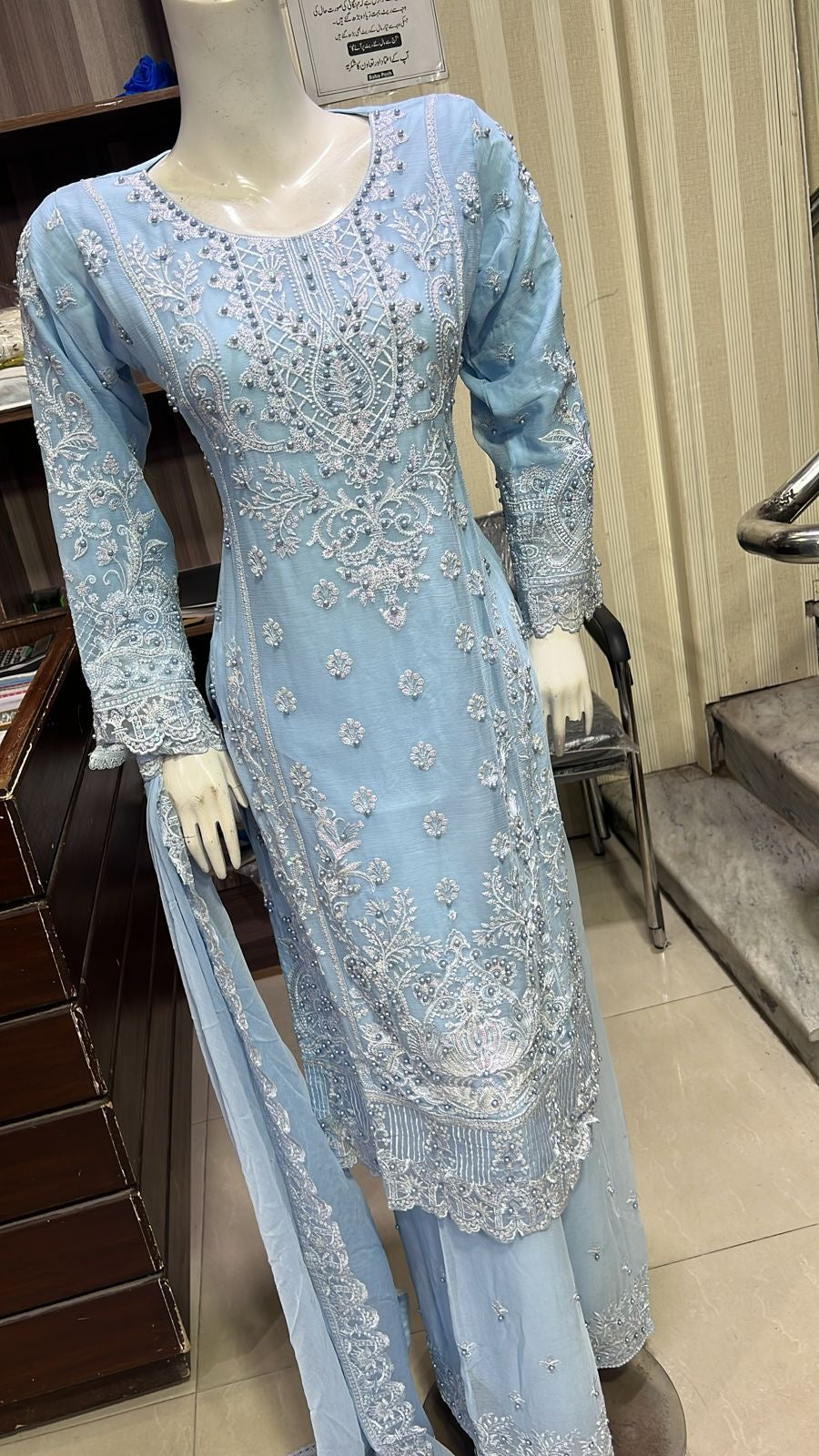 ShaZaib | Embroidered Chiffon Plazzo Readymade | SZ194 (Light Blue)