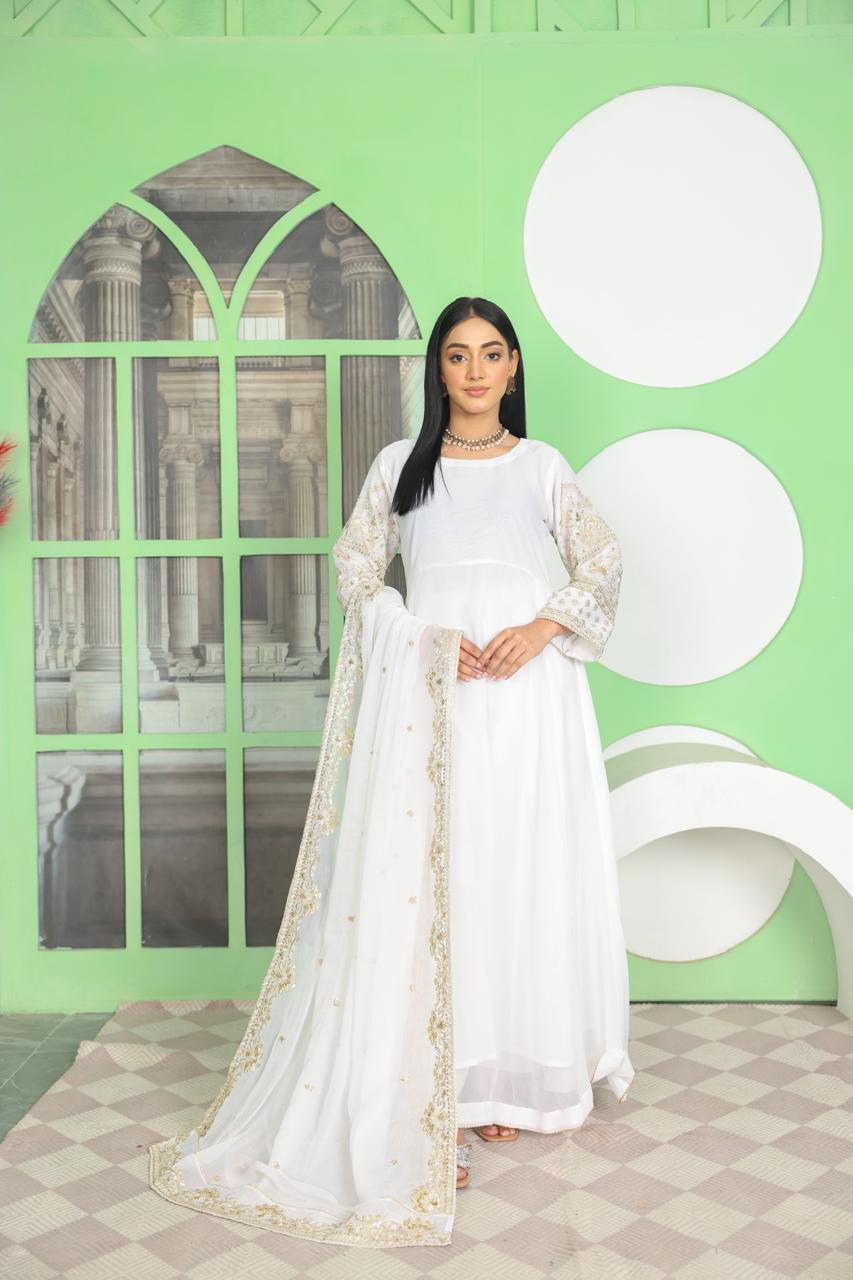 S Creations ‘Noreen’ | Embroidered Chiffon Mother & Daughter Readymade | SC162 (White)