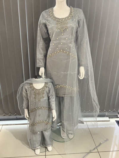 ASHA | Embroidered Hand Work Mother & Daughter Ready To Wear Grey | AS69