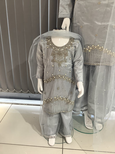 ASHA | Embroidered Hand Work Mother & Daughter Ready To Wear Grey | AS69