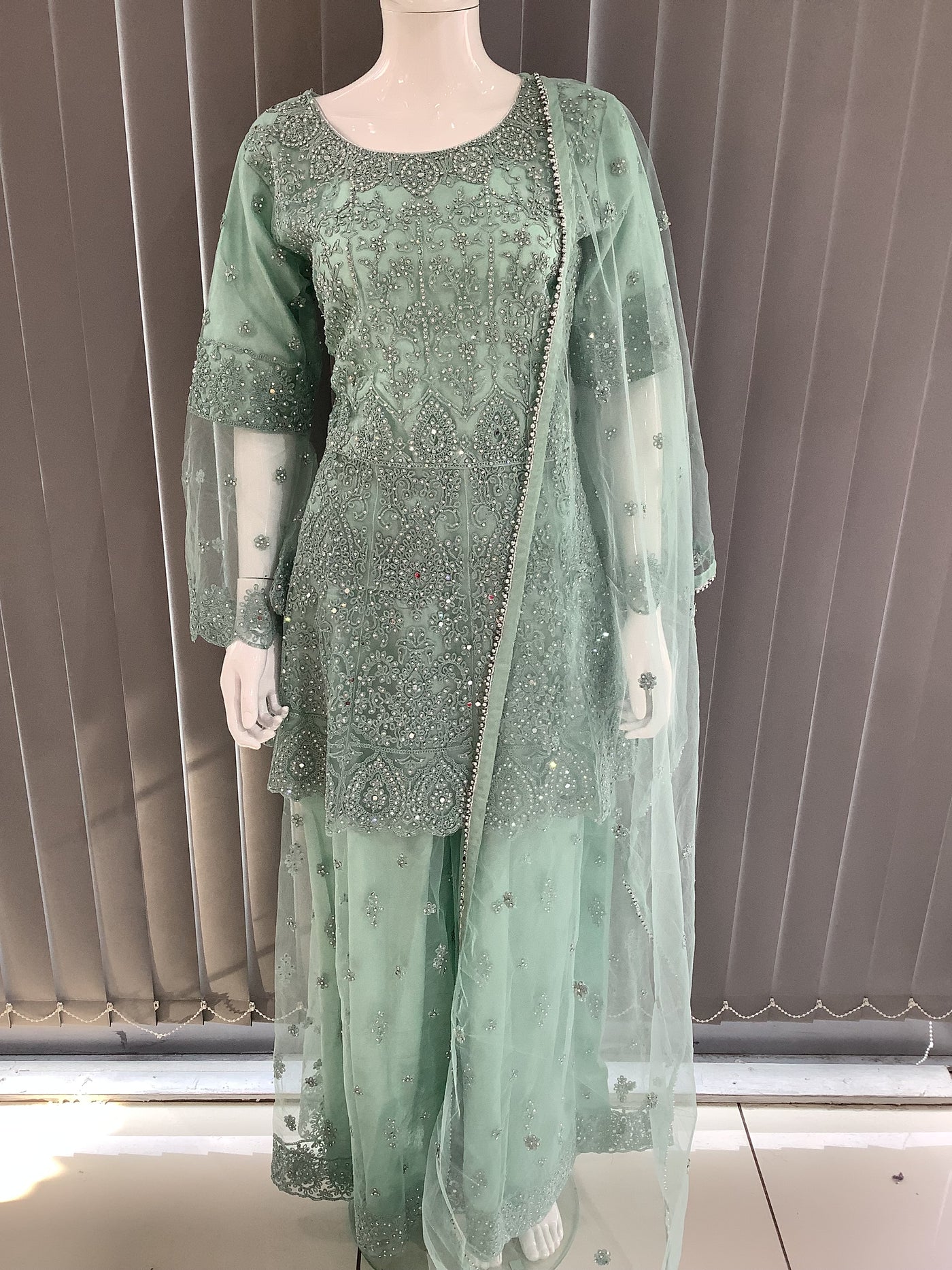 ASHA | Embroidered Hand Work Dress Mother & Daughter Ready To Wear Mint Green | AS70