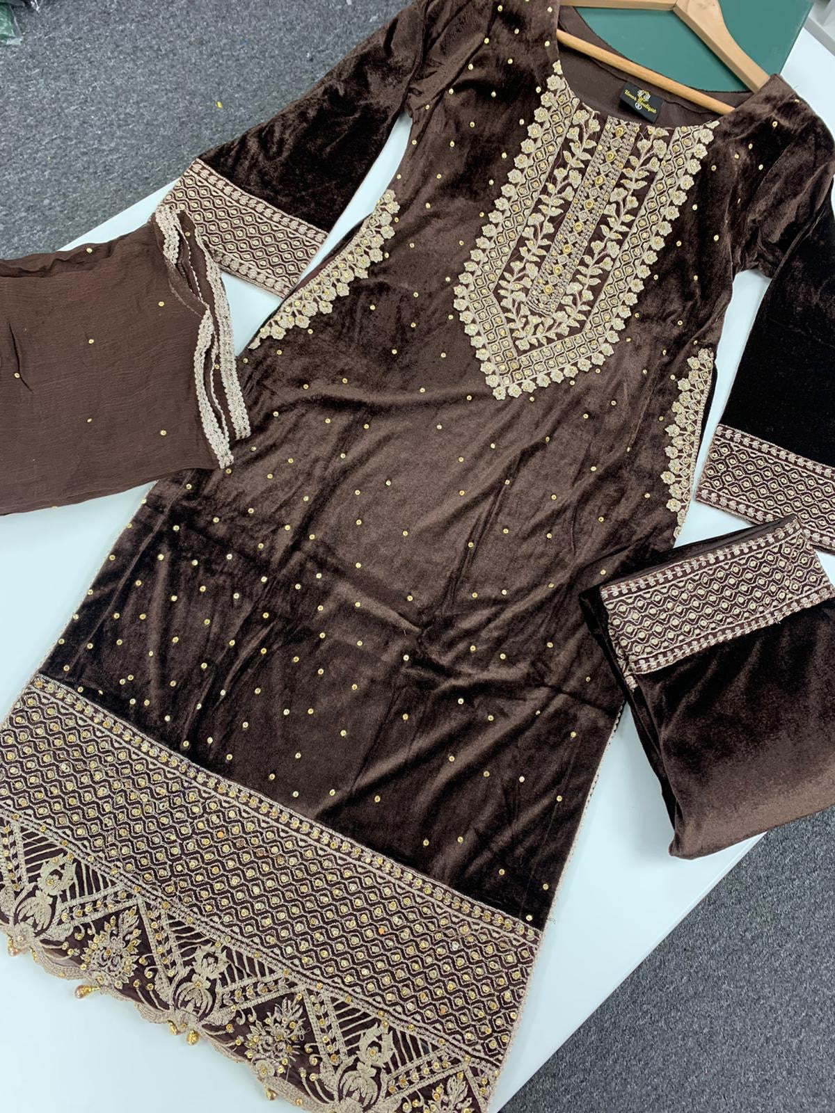 S Creations ‘Urwa’ | Embroidered Velvet Readymade | SC138 (Brown)