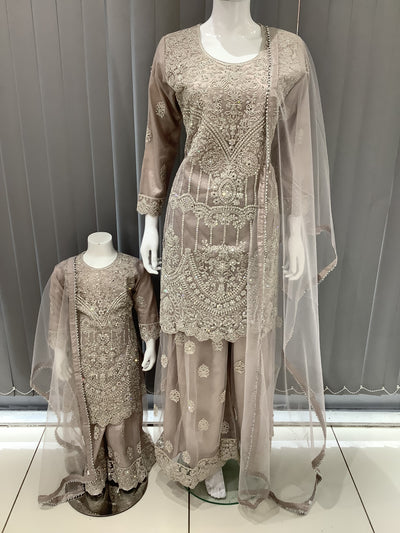 ASHA | Embroidered Net Mother & Daughter Ready To Wear  Dusty Pink| AS74