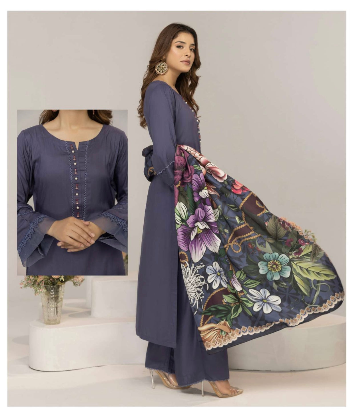 SIMRANS ‘Suffuse’ | Embroidered Twill Linen Shawl Readymade | SM705 (Blue)