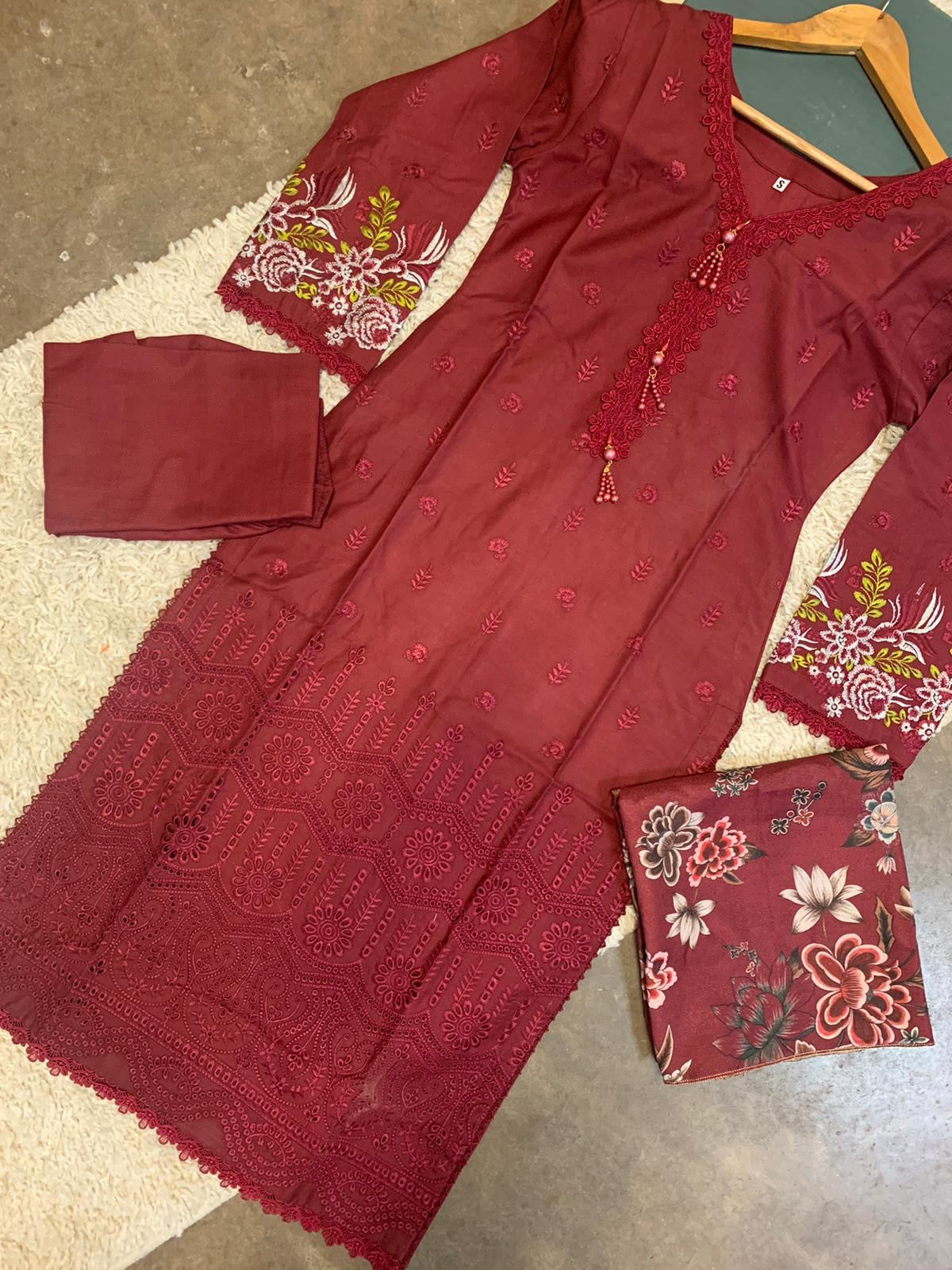 S Creations ‘Inaya’ | Embroidered Dhanak Readymade | SC132 (Maroon)