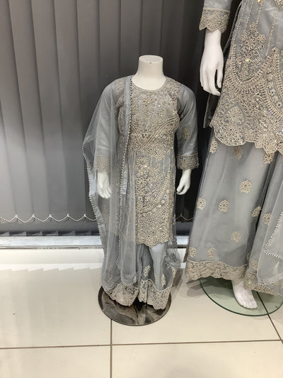 ASHA | Embroidered Net Mother & Daughter Ready To Wear Silver Grey | AS74