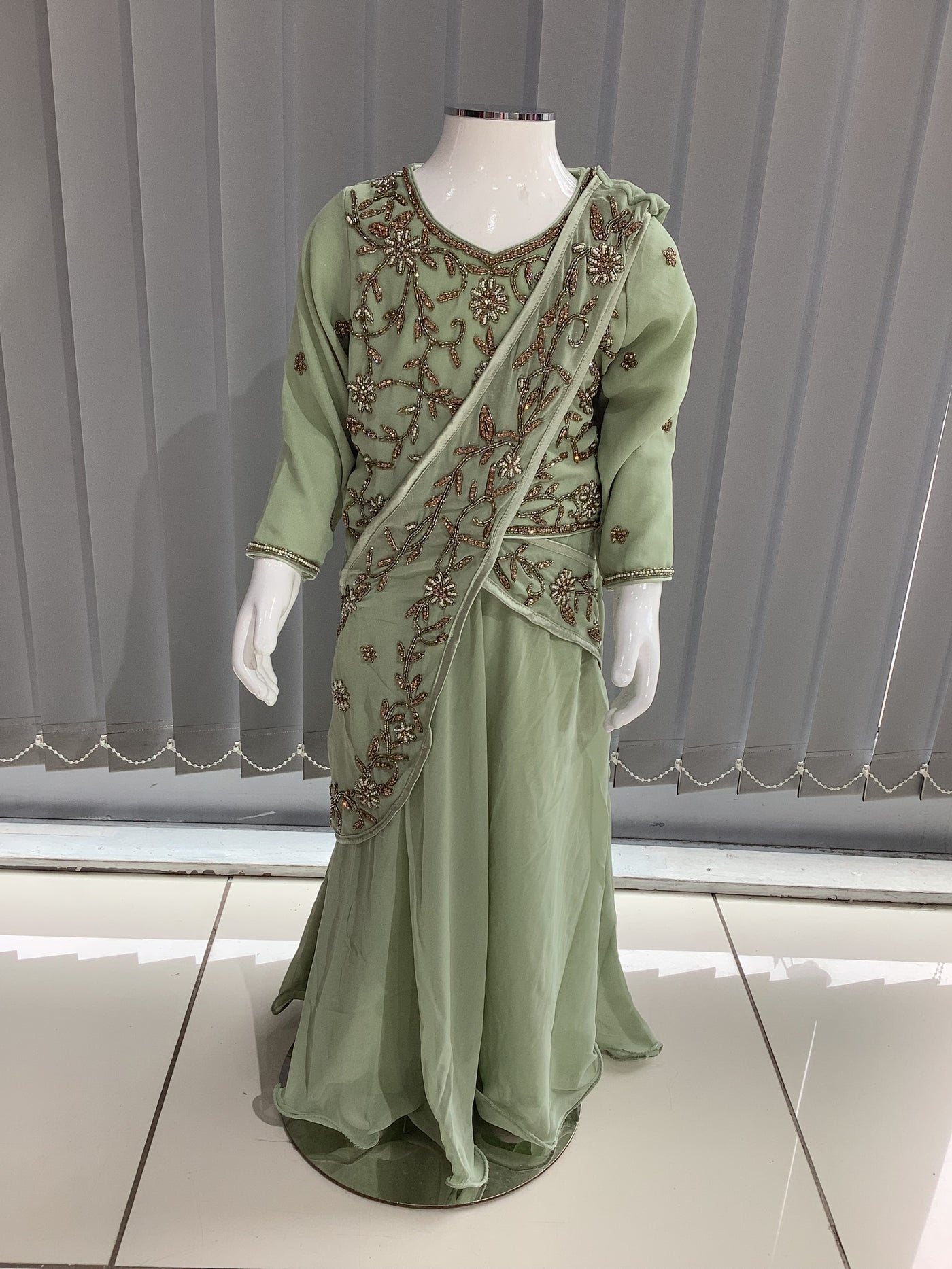 ASHA | Embroidered Chiffon Saree Kids Readymade Mint| AS64