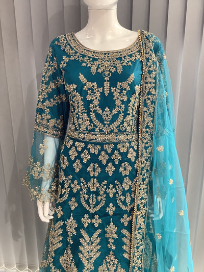 ASHA | Embroidered Net Dori Work Mother & Daughter Dress Ready To Wear Teal | AS59