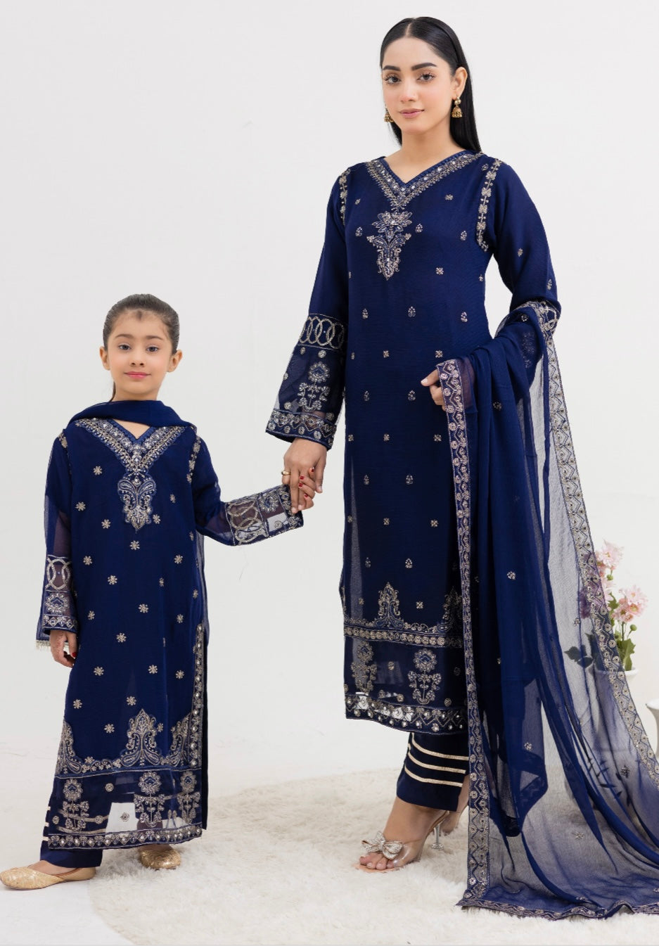 RANGZ ‘Majestic Lux’ | Embroidered Chiffon Mother & Daughter Readymade | RGZ056 (Navy)