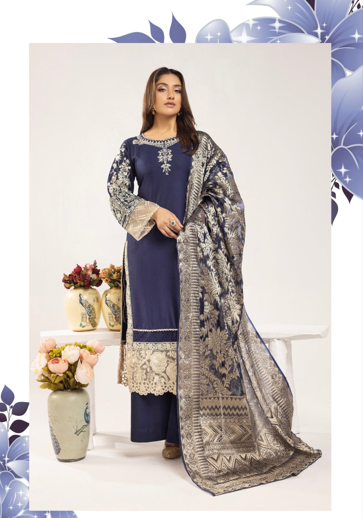 SIMRANS ‘Charisma Lux’ | Embroidered Dhanak Fancy Dupatta Readymade | SM732 (Navy)