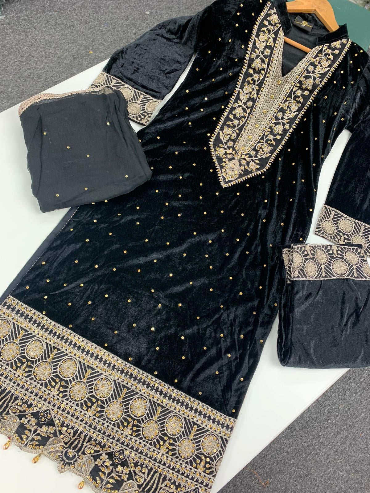 S Creations ‘Hina’ | Embroidered Velvet Readymade | SC137 (Black)