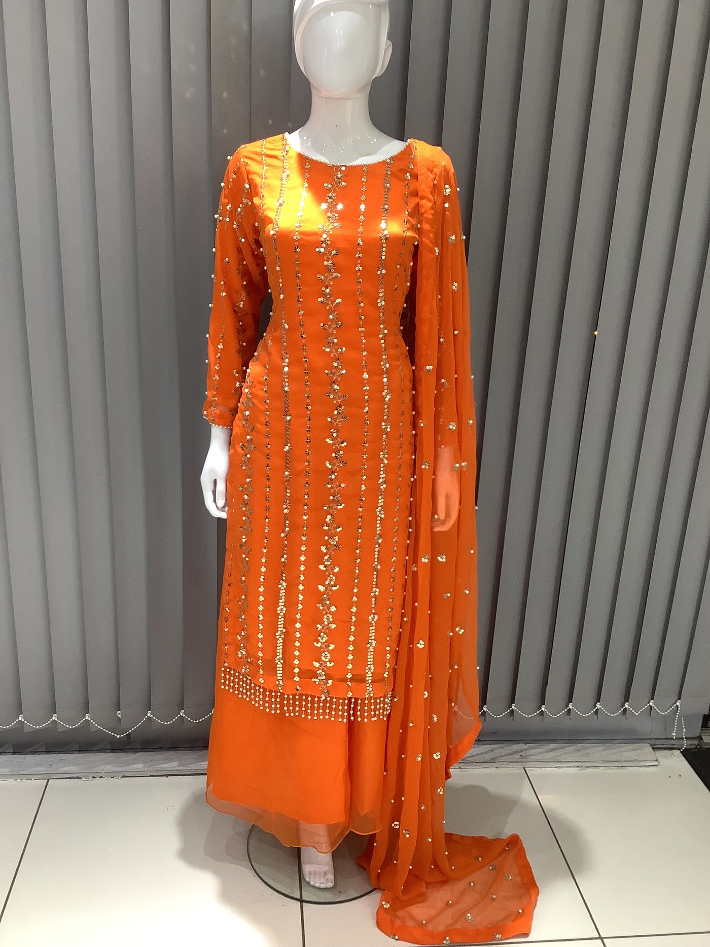 S Creations | Embroidered Chiffon Mother & Daughter Readymade | SC084 (Orange)