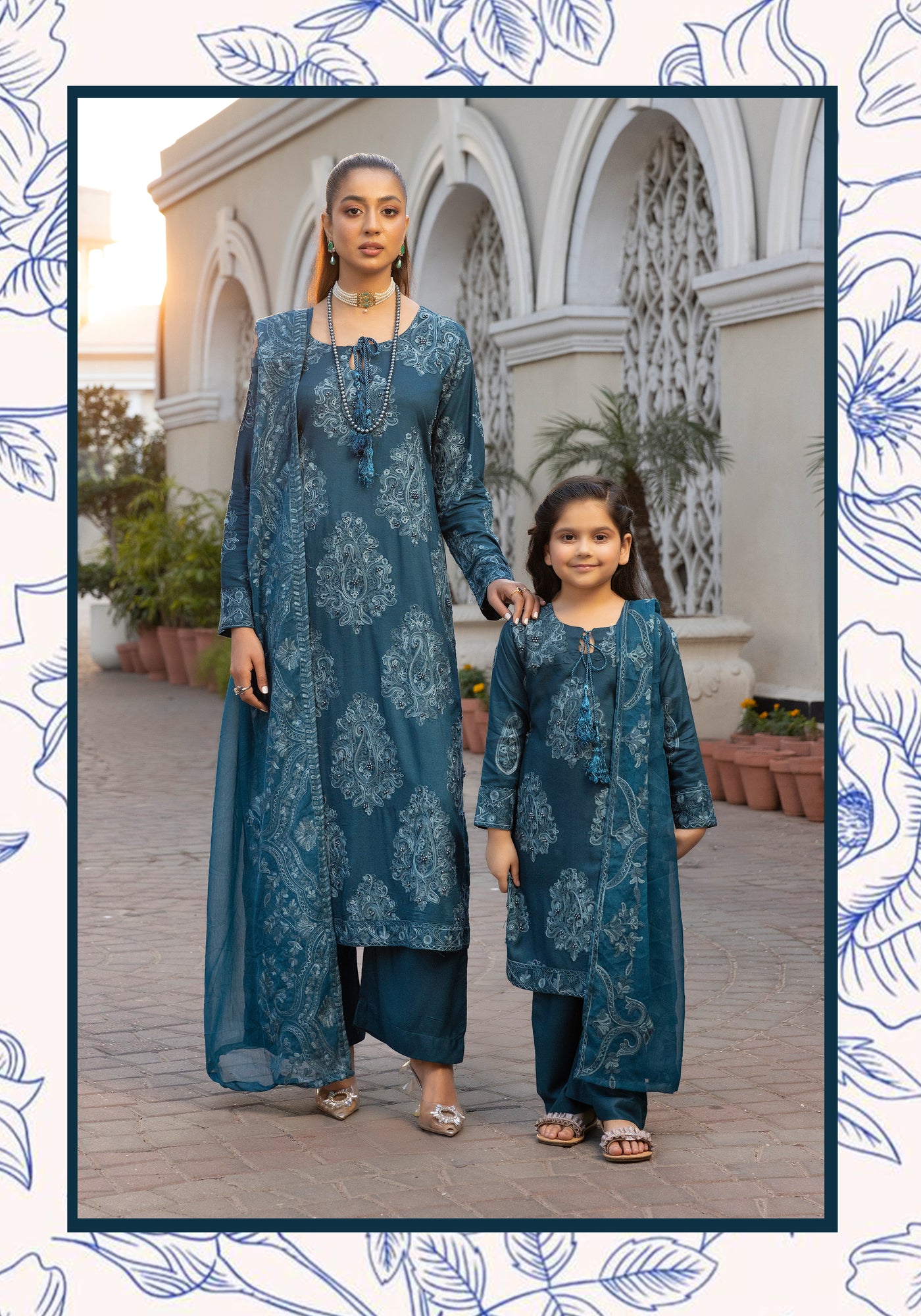 SIMRANS ‘Jannat’ | Embroidered Linen Mother & Daughter Readymade | SM772 (Teal)