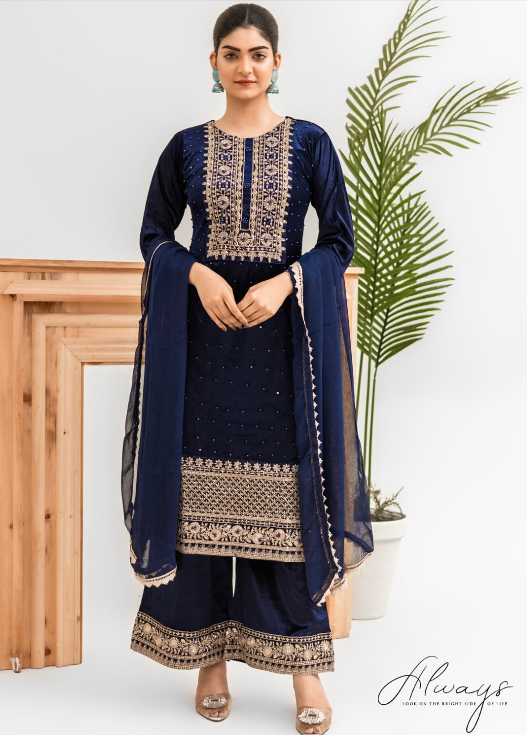 Navy Embroidered Korean Velvet  Readymade | RGZ007 Womenswear Dress