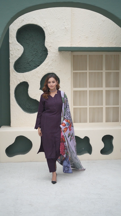 S Creations ‘Aleena’ | Embroidered Dhanak Pashmina Shawl Readymade | SC136 (Purple)