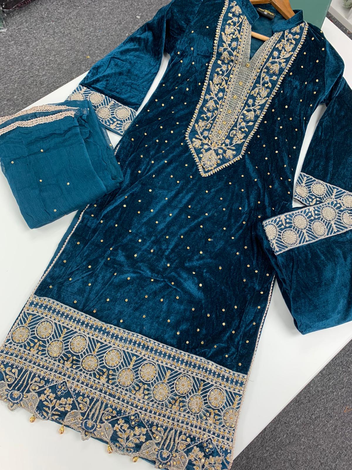 S Creations ‘Hina’ | Embroidered Velvet Readymade | SC137 (Teal)