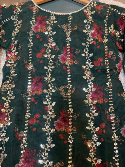 S Creations ‘Nisa’ | Embroidered Organza Digital Print Readymade | SC131 (Dark Green)