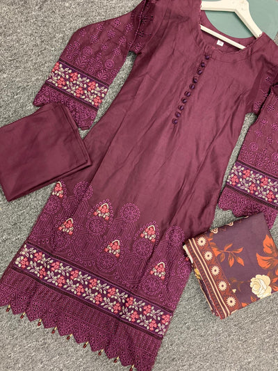 S Creations ‘Kaia’ | Embroidered Dhanak Readymade | SC152 (Plum)