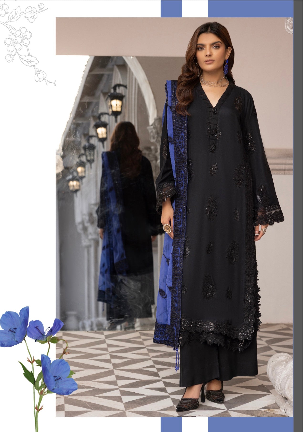 SIMRANS ‘Azure’ | Embroidered Sequence Linen Readymade | SM759 (Black)